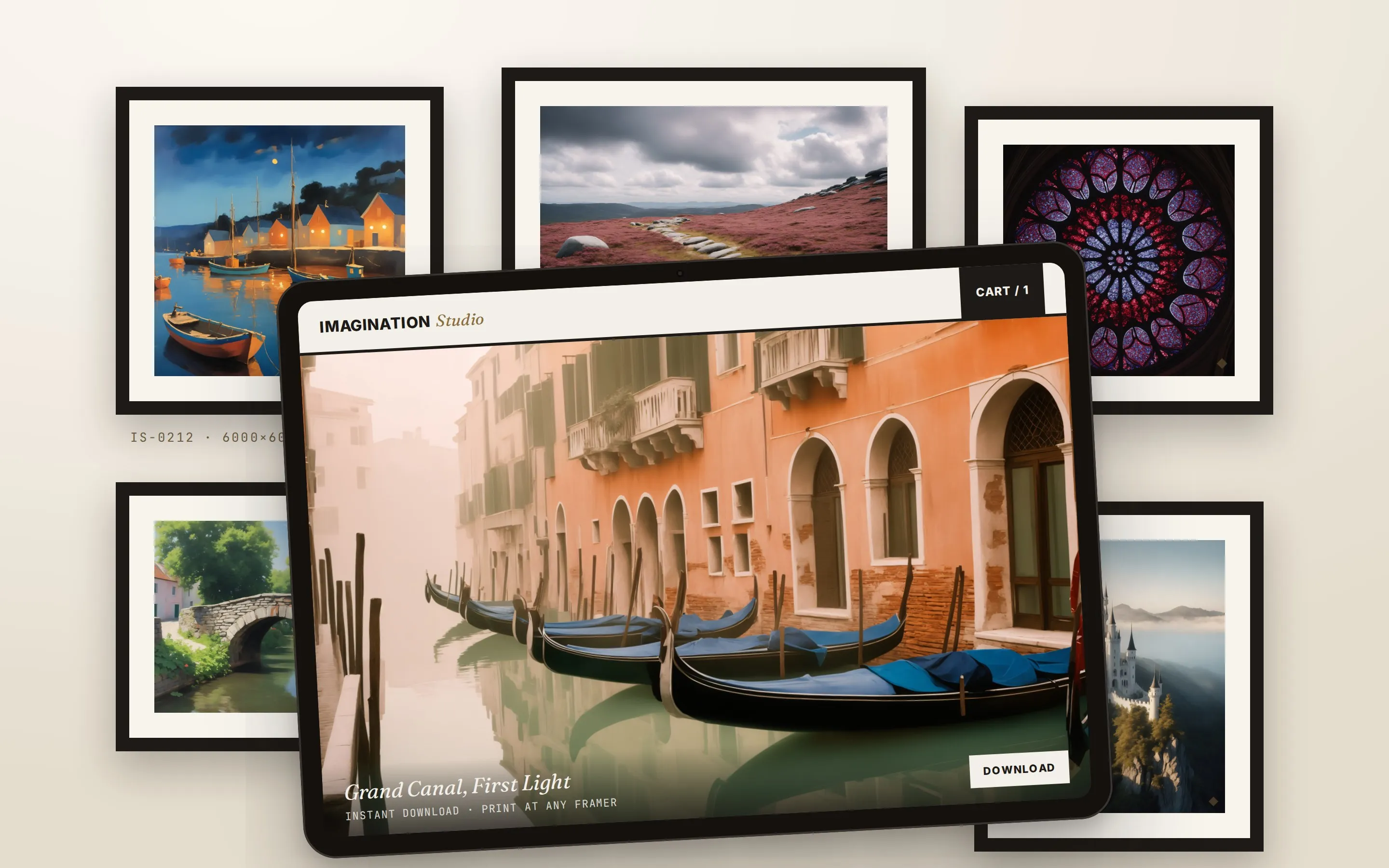 A tablet showing an Imagination Studio artwork in front of a wall of framed prints