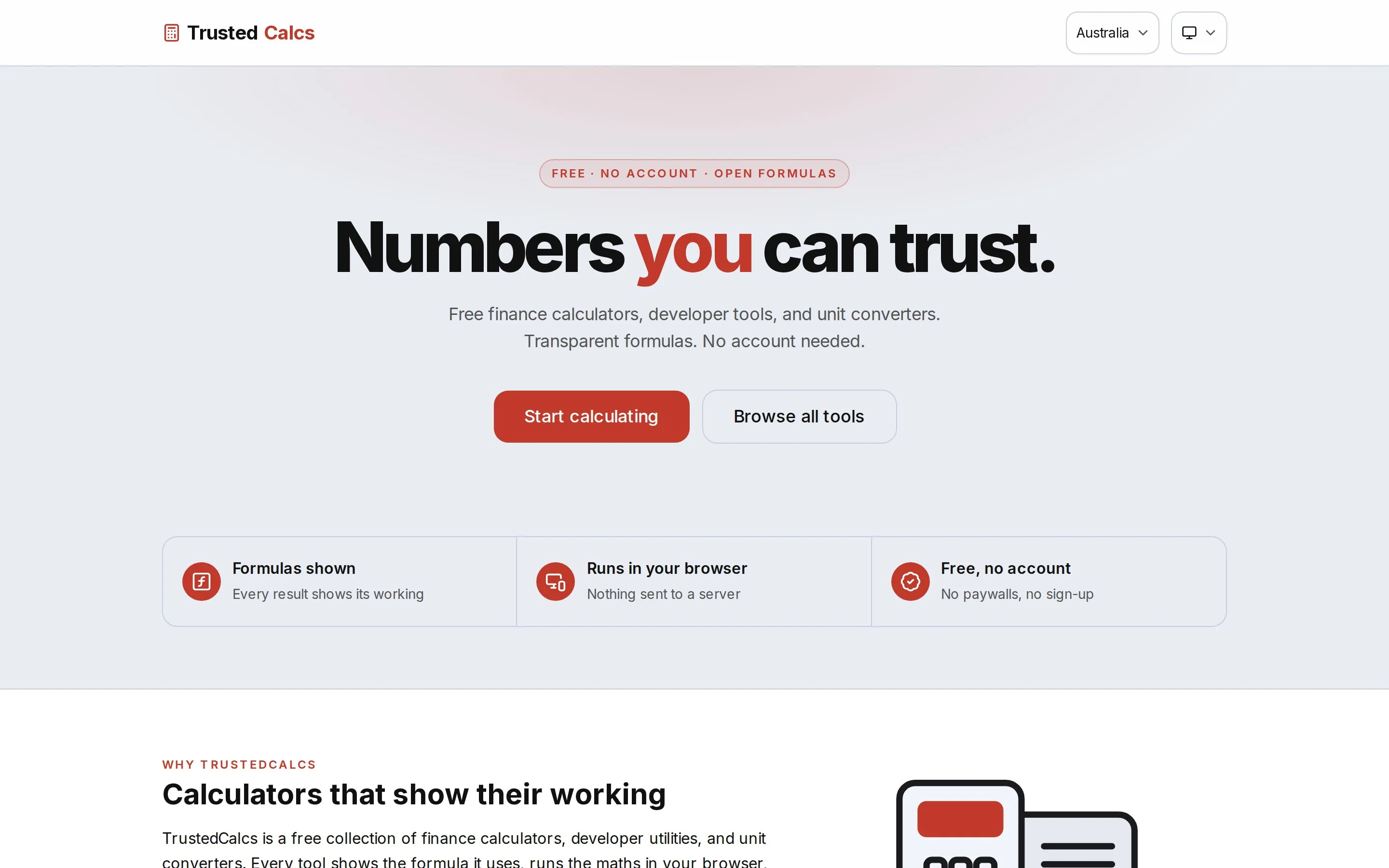 TrustedCalcs home page listing finance calculators, developer tools and unit converters