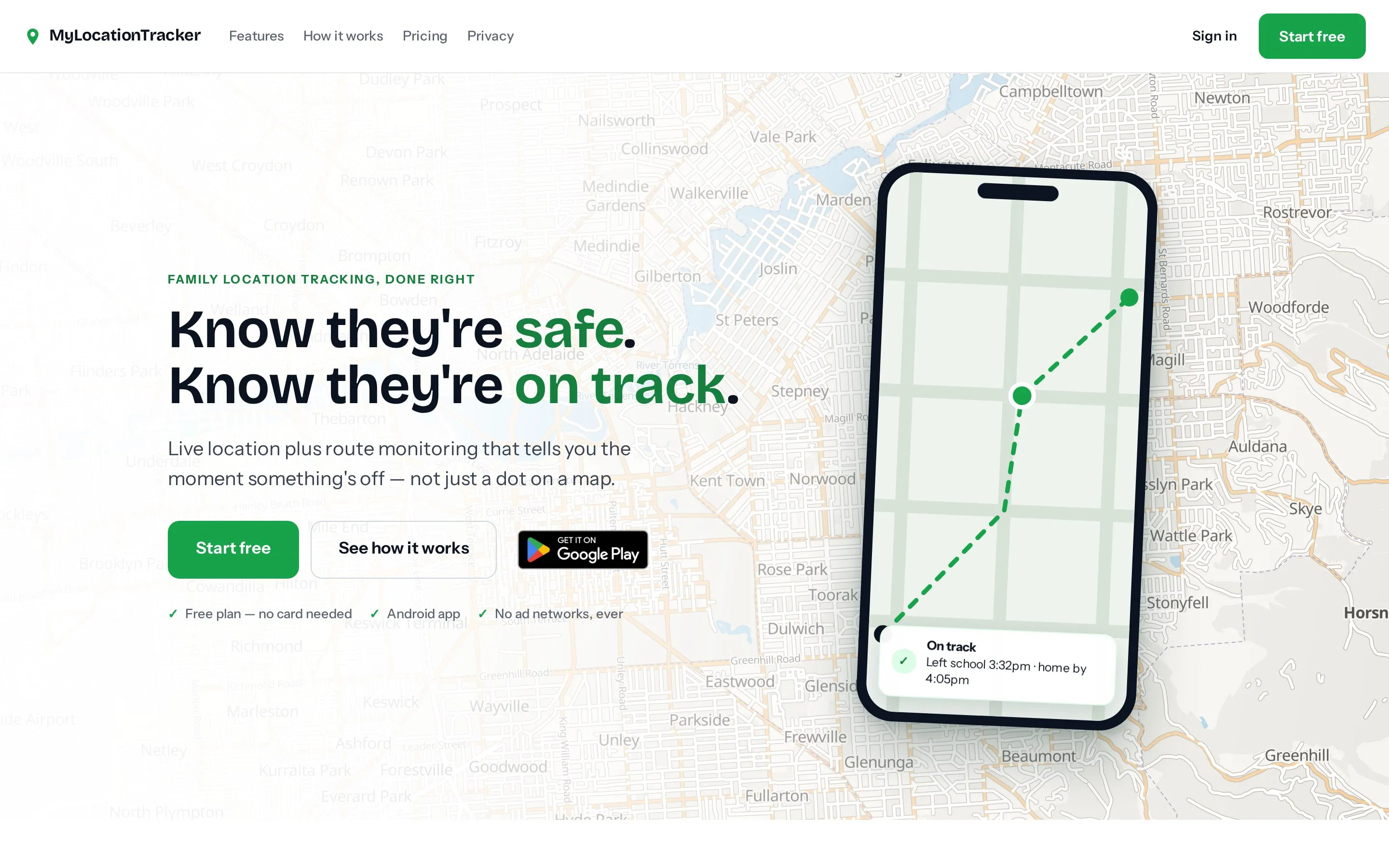 MyLocationTracker home page with the live 'On track' status card